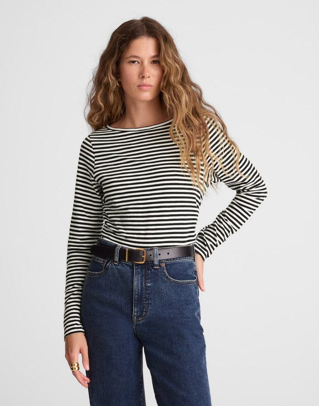 Striped Ruched Crewneck Long-Sleeve Tee in Soft Slub JET BLACK