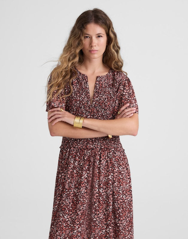 Zip-Front Flutter-Sleeve Midi Dress in Floral DAPHNE FLORAL RAISIN BLUSH