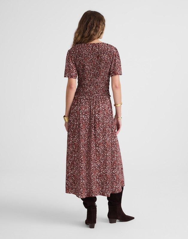 Zip-Front Flutter-Sleeve Midi Dress in Floral DAPHNE FLORAL RAISIN BLUSH