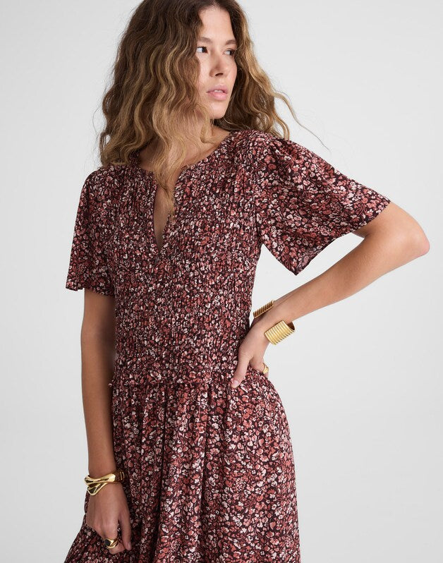 Zip-Front Flutter-Sleeve Midi Dress in Floral DAPHNE FLORAL RAISIN BLUSH