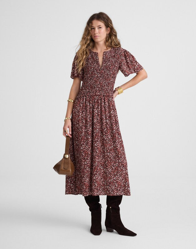 Zip-Front Flutter-Sleeve Midi Dress in Floral DAPHNE FLORAL RAISIN BLUSH