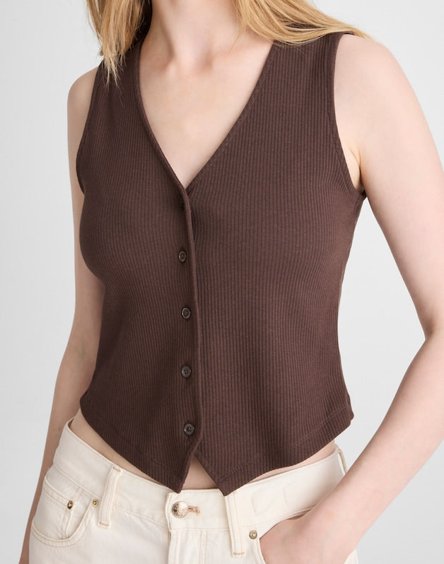 Ribbed V-Neck Vest DARK BROWN