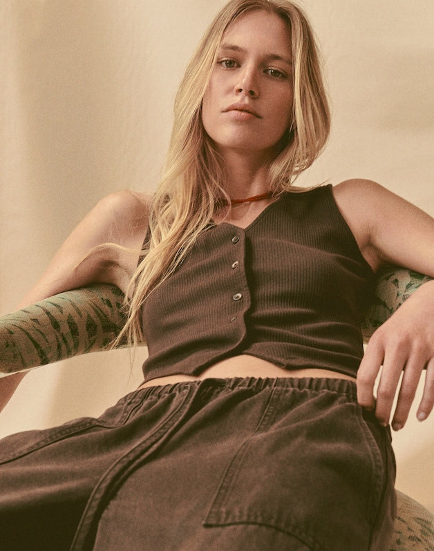 Ribbed V-Neck Vest DARK BROWN