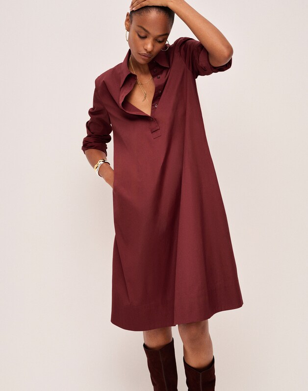 Poplin Long-Sleeved Shirtdress CHOCOLATE RAISIN