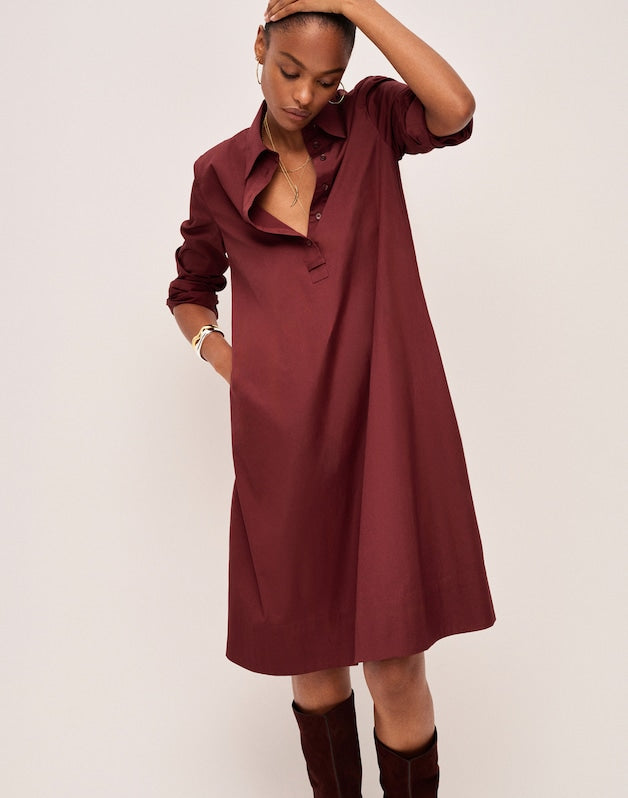 Poplin Long-Sleeved Shirtdress CHOCOLATE RAISIN