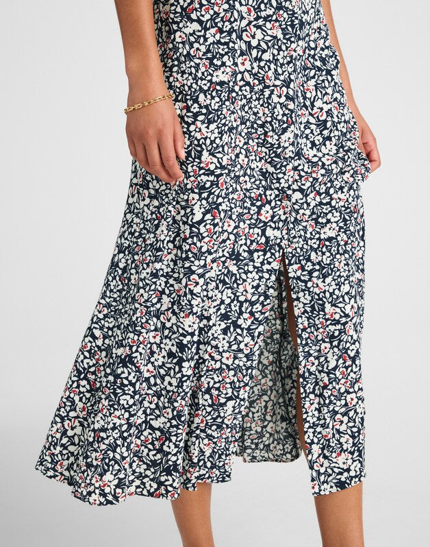 Button-Front Flutter-Sleeve Midi Dress in Floral AMANDA FLORAL NAVY