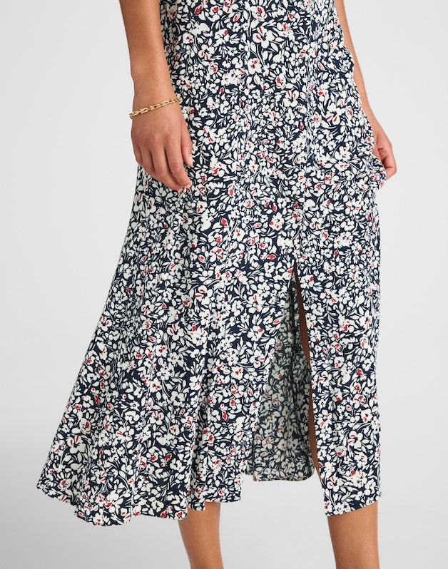 Button-Front Flutter-Sleeve Midi Dress in Floral AMANDA FLORAL NAVY