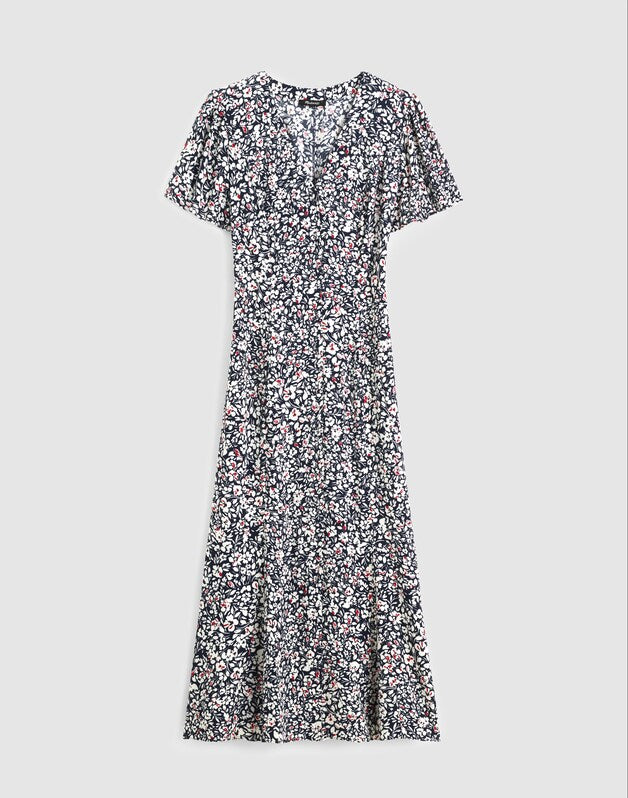 Button-Front Flutter-Sleeve Midi Dress in Floral AMANDA FLORAL NAVY