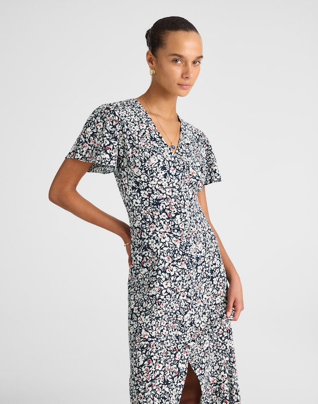 Button-Front Flutter-Sleeve Midi Dress in Floral AMANDA FLORAL NAVY