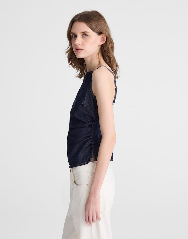 Airy Denim Ruched Squareneck Tank in Rinse Wash RINSE WASH