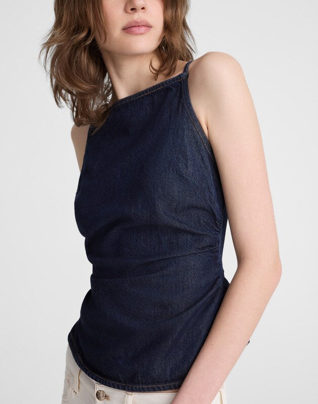 Airy Denim Ruched Squareneck Tank in Rinse Wash RINSE WASH