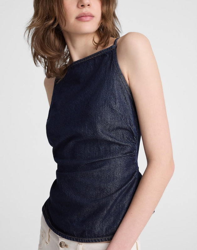 Airy Denim Ruched Squareneck Tank in Rinse Wash RINSE WASH