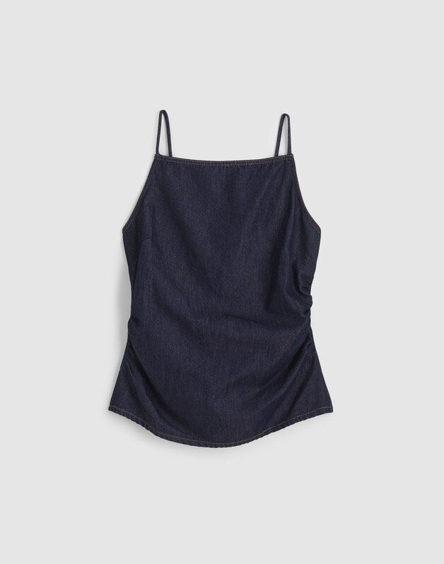 Airy Denim Ruched Squareneck Tank in Rinse Wash RINSE WASH