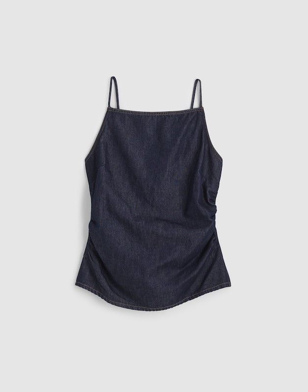 Airy Denim Ruched Squareneck Tank in Rinse Wash RINSE WASH
