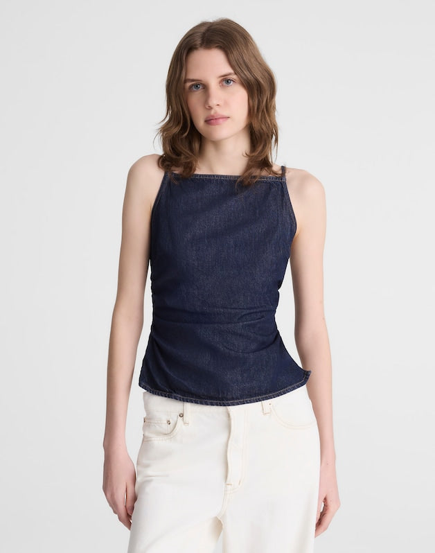 Airy Denim Ruched Squareneck Tank in Rinse Wash RINSE WASH