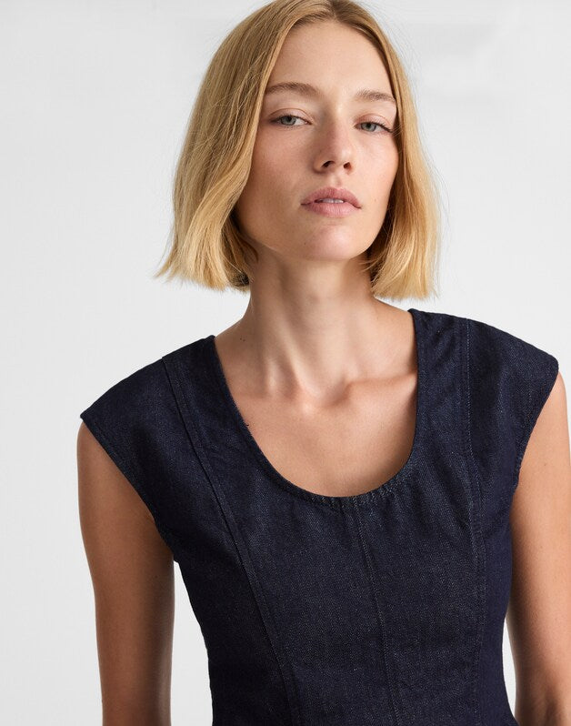 Denim Seamed Scoopneck Top in Rinse Wash RINSE WASH