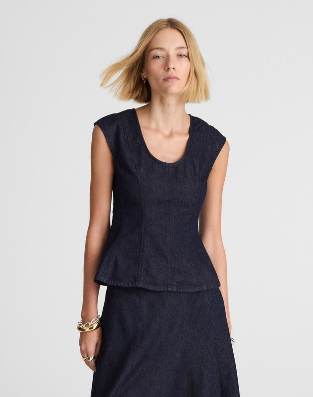 Denim Seamed Scoopneck Top in Rinse Wash RINSE WASH