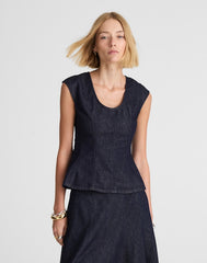 Denim Seamed Scoopneck Top in Rinse Wash RINSE WASH