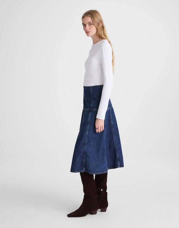 Denim Drop-Waist Midi Skirt in McKinney Wash MCKINNEY WASH