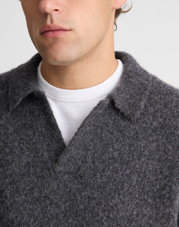 Open-Collar Sweater Polo in Yak-Alpaca Blend CHARCOAL