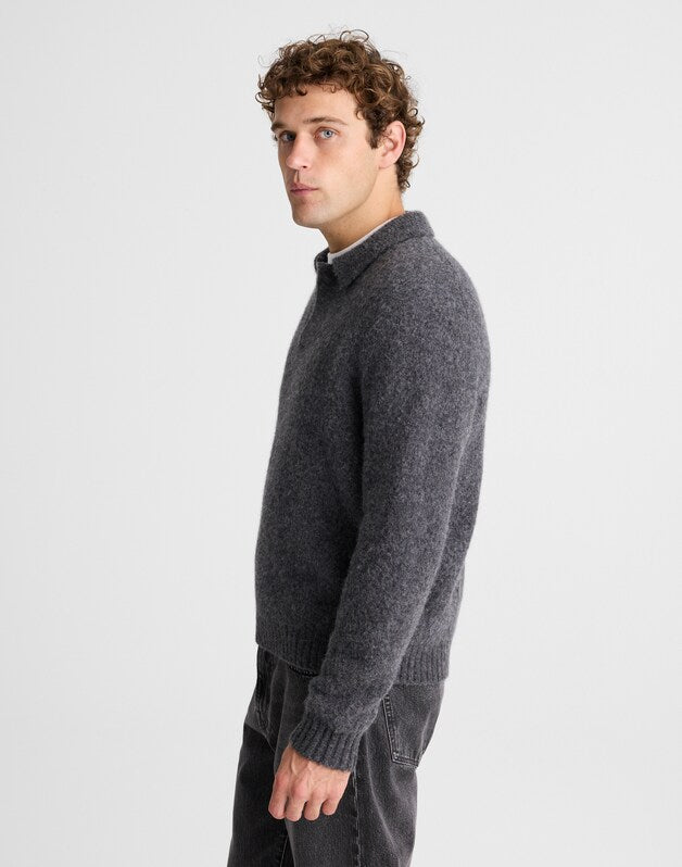 Open-Collar Sweater Polo in Yak-Alpaca Blend CHARCOAL