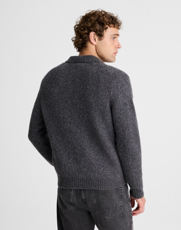 Open-Collar Sweater Polo in Yak-Alpaca Blend CHARCOAL