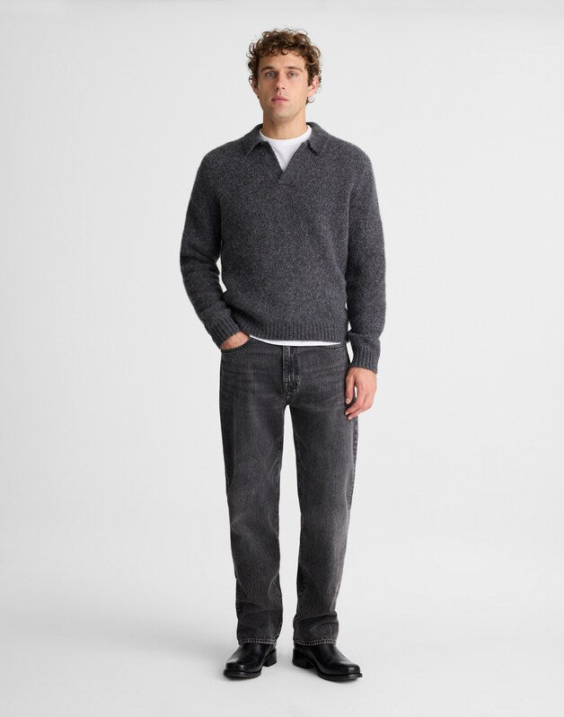 Open-Collar Sweater Polo in Yak-Alpaca Blend CHARCOAL