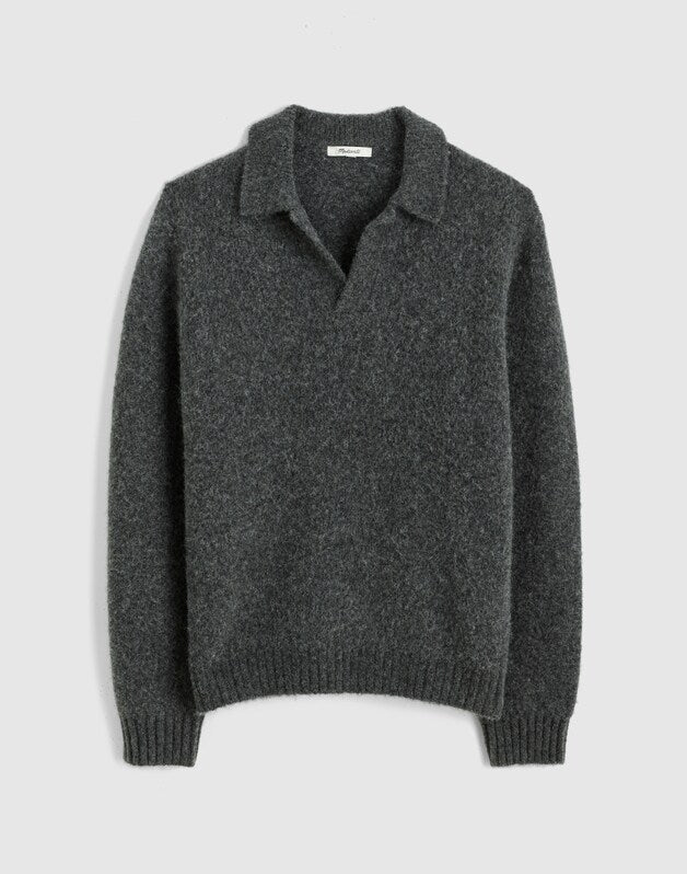 Open-Collar Sweater Polo in Yak-Alpaca Blend CHARCOAL