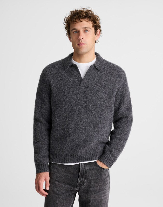 Open-Collar Sweater Polo in Yak-Alpaca Blend CHARCOAL