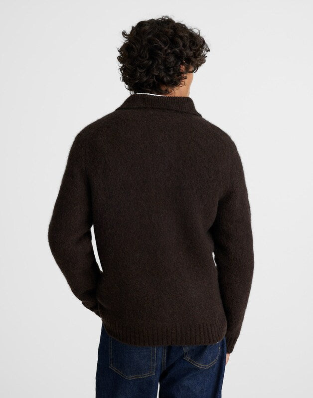 Open-Collar Sweater Polo in Yak-Alpaca Blend DARK BROWN