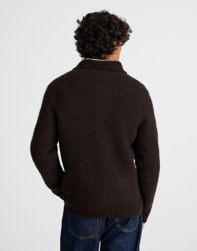 Open-Collar Sweater Polo in Yak-Alpaca Blend DARK BROWN