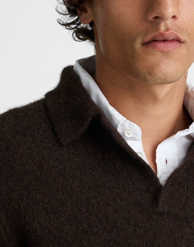 Open-Collar Sweater Polo in Yak-Alpaca Blend DARK BROWN