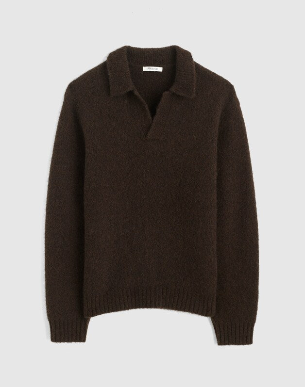 Open-Collar Sweater Polo in Yak-Alpaca Blend DARK BROWN