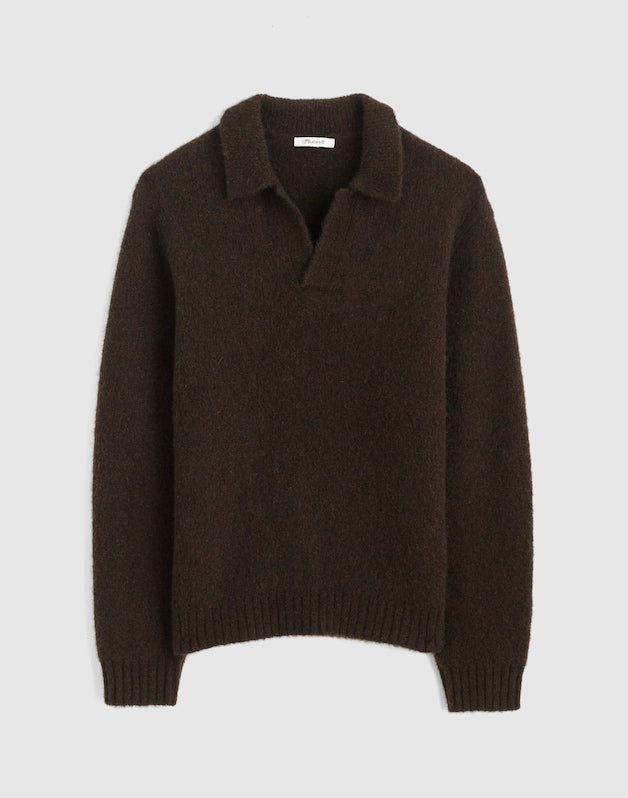 Open-Collar Sweater Polo in Yak-Alpaca Blend DARK BROWN