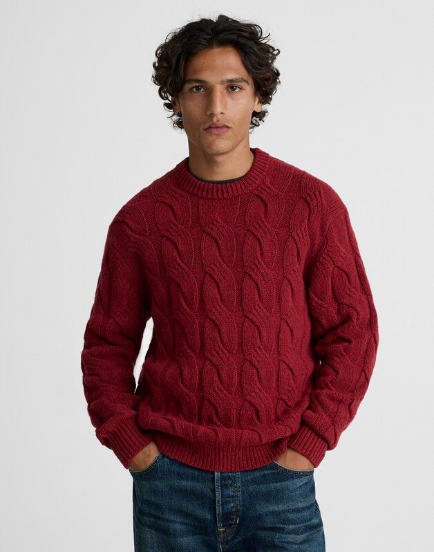 Cable-Knit Crewneck Sweater HEATHER GARNET