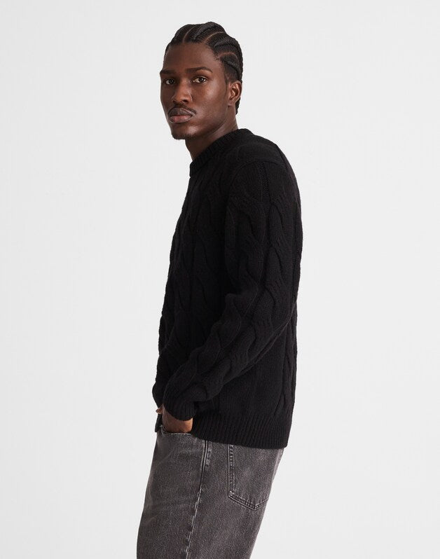 Cable-Knit Crewneck Sweater JET BLACK