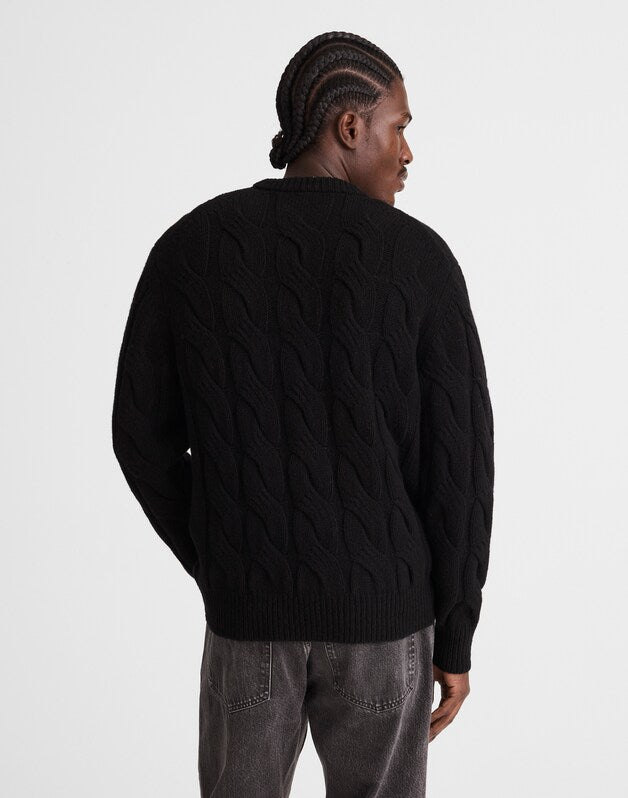 Cable-Knit Crewneck Sweater JET BLACK
