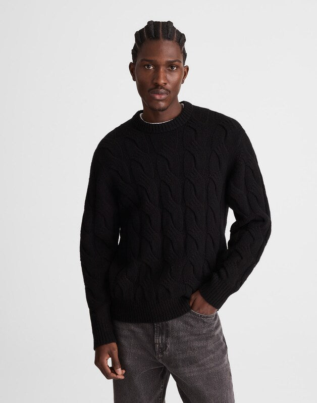 Cable-Knit Crewneck Sweater JET BLACK