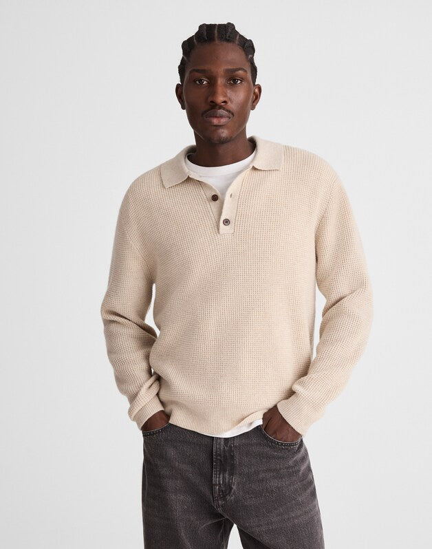 Waffle-Knit Sweater Polo HEATHER LIGHT SAND