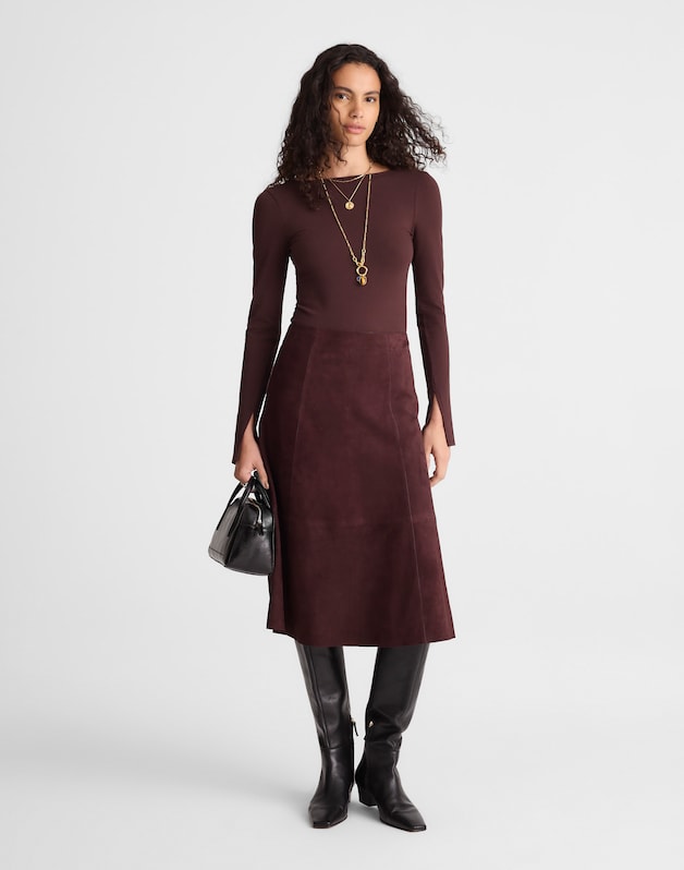 Seamed Midi Skirt in Suede DEEP PLUM