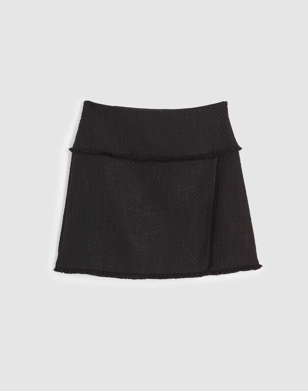 Fringed Overlay Mini Skirt BLACK TWEED BLEND