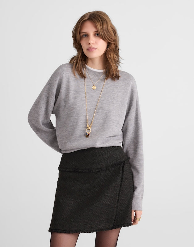 Fringed Overlay Mini Skirt BLACK TWEED BLEND