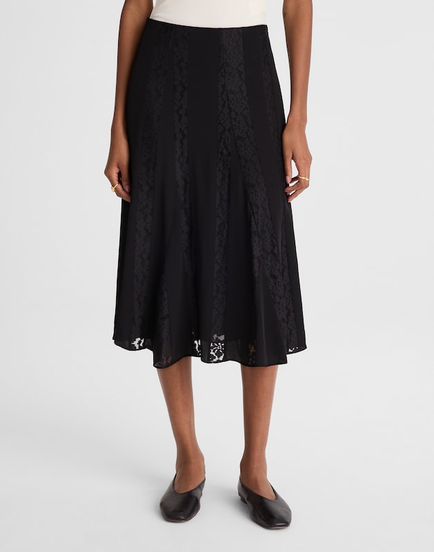 Asymmetric Lace Panel Midi Skirt JET BLACK
