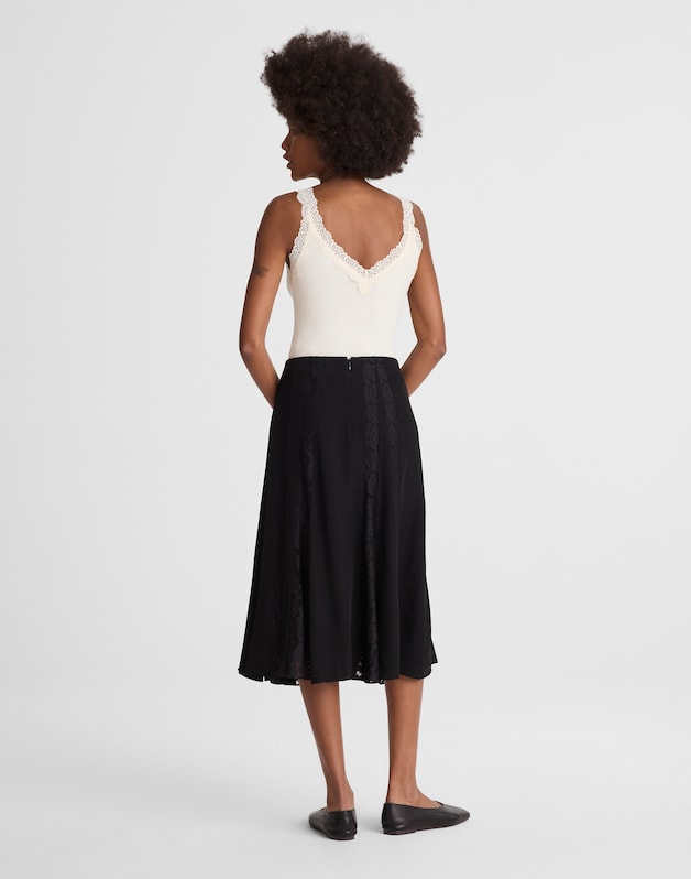 Asymmetric Lace Panel Midi Skirt JET BLACK