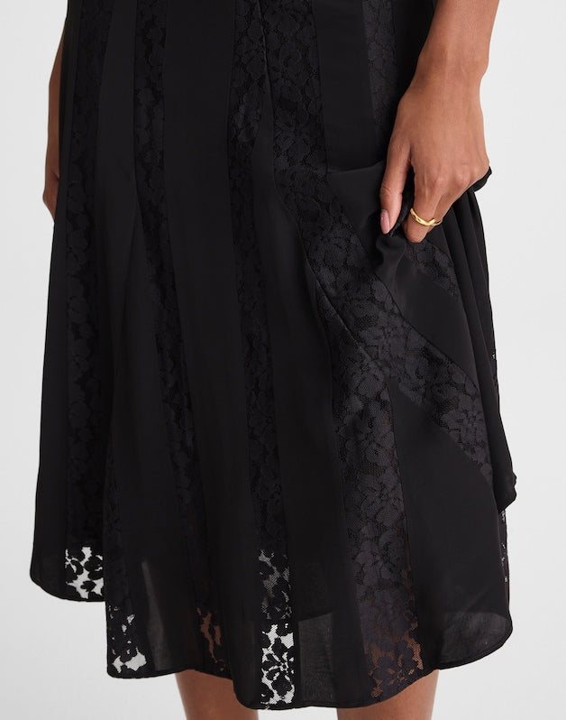 Asymmetric Lace Panel Midi Skirt JET BLACK