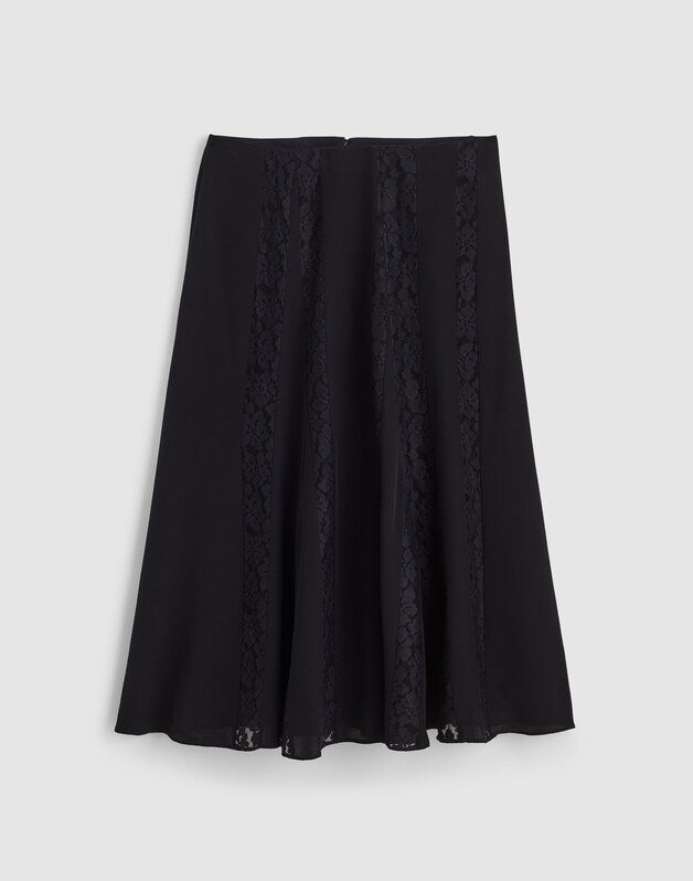 Asymmetric Lace Panel Midi Skirt JET BLACK