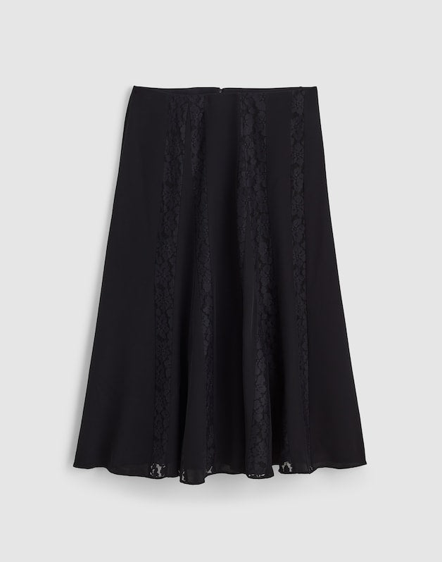 Asymmetric Lace Panel Midi Skirt JET BLACK