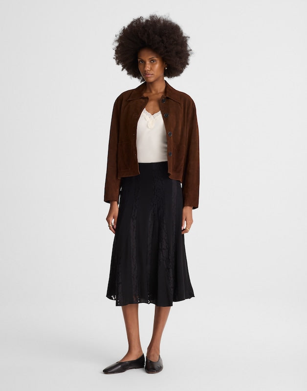Asymmetric Lace Panel Midi Skirt JET BLACK