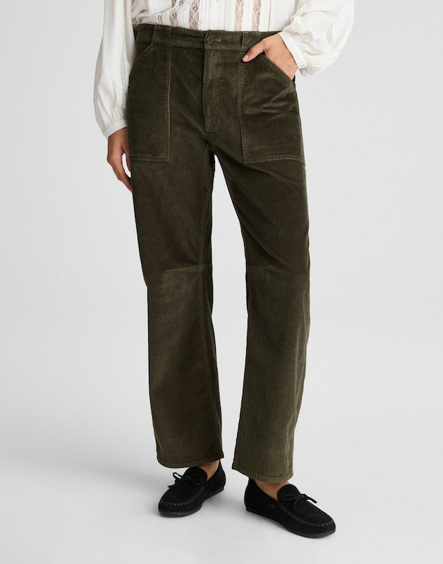 The Darted Barrel-Leg Utility Pant in Corduroy MIDNIGHT OLIVE