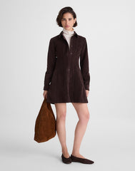 Seamed Button-Up Mini Dress in Corduroy DARK CAROB
